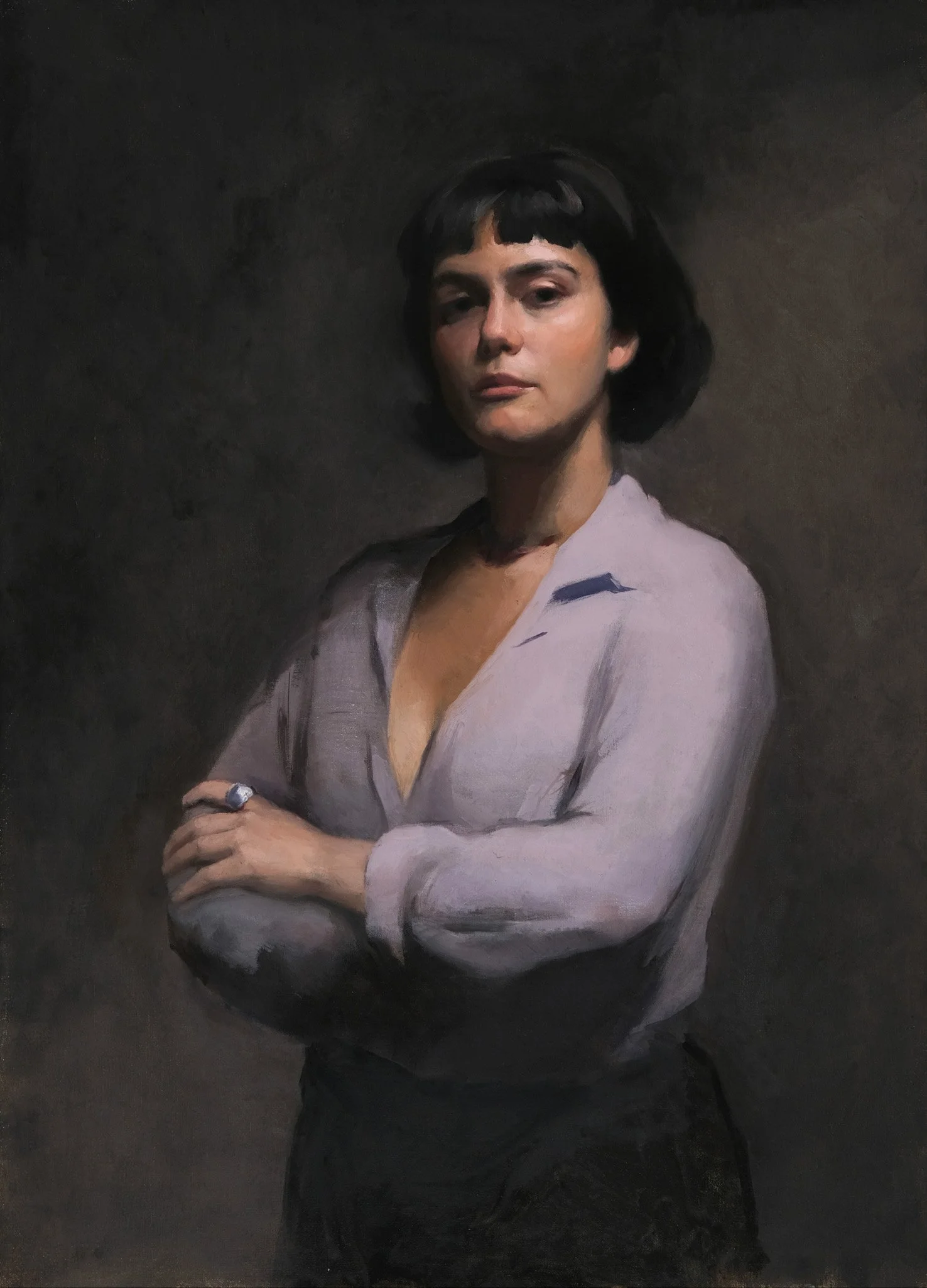 A portrait painting of a person with short dark hair and a serious expression, wearing a light-colored blouse and a ring, arms crossed.