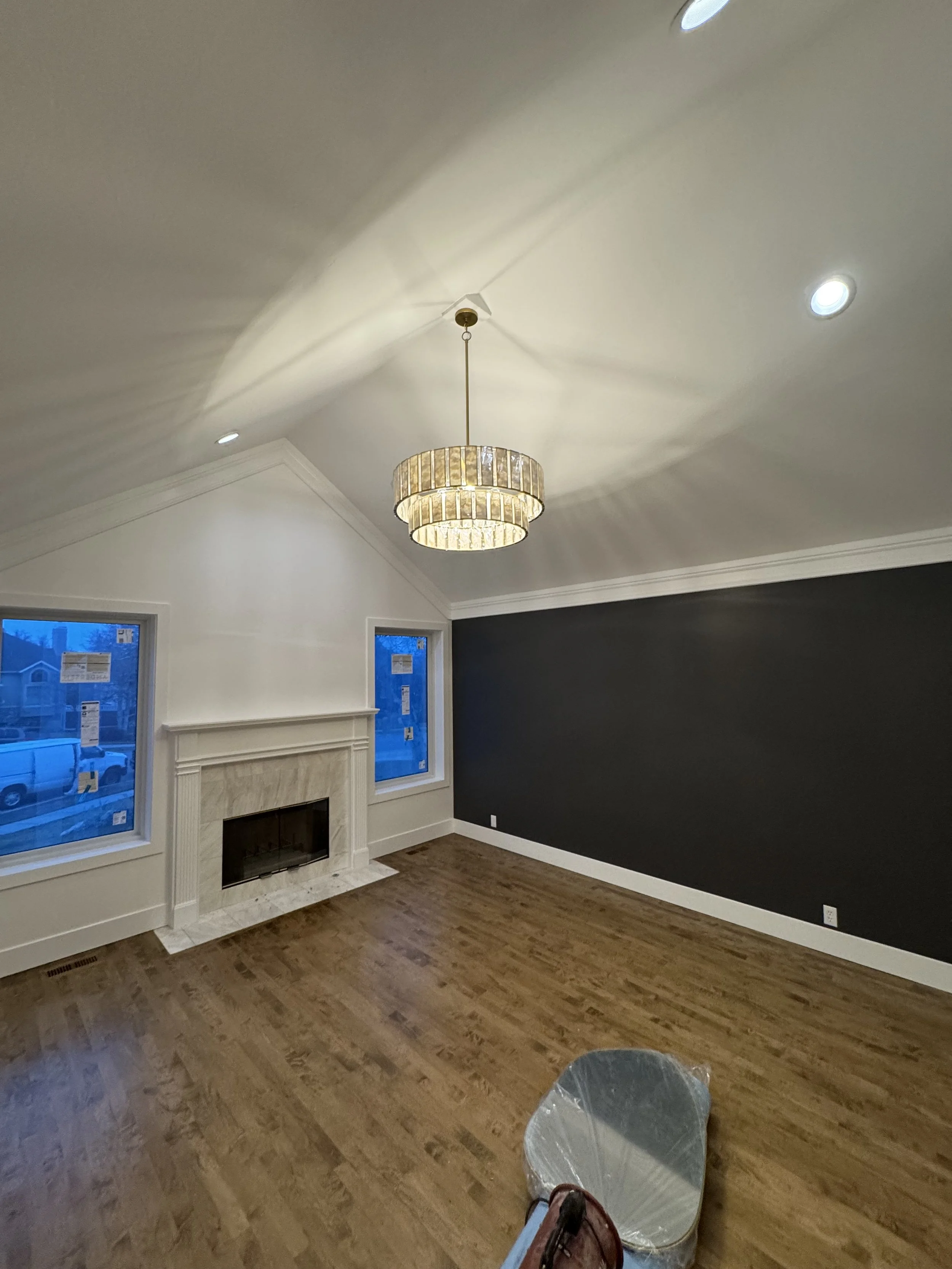 New chandelier, and recessed ceiling lights. In this cocktail room