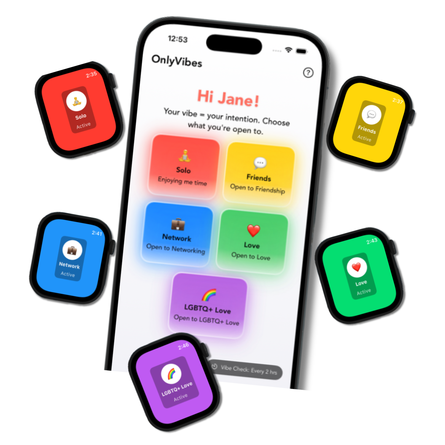 Mobile app screen showing options for various moods or intentions like Solo, Friends, Network, Love, and LGBTQ+ Love. Surrounding the phone are smartwatch version of similar mood options in different colors.
