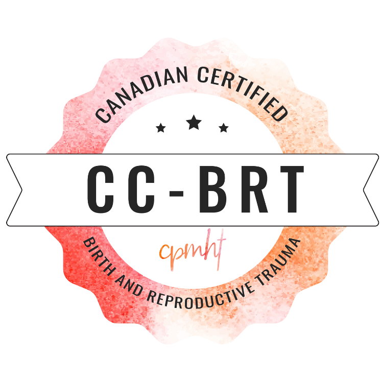 A circular badge with a watercolor pink and orange background featuring text that reads "Canadian Certified" at the top, "Birth and Reproductive Trauma" at the bottom, and a white banner across the middle with the text "CC-BRT." The center also contains the abbreviation "cpmht" in pink.