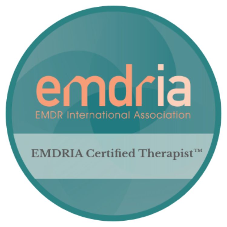 Emdria Certified Therapist badge from EMDR International Association with green and teal design elements.