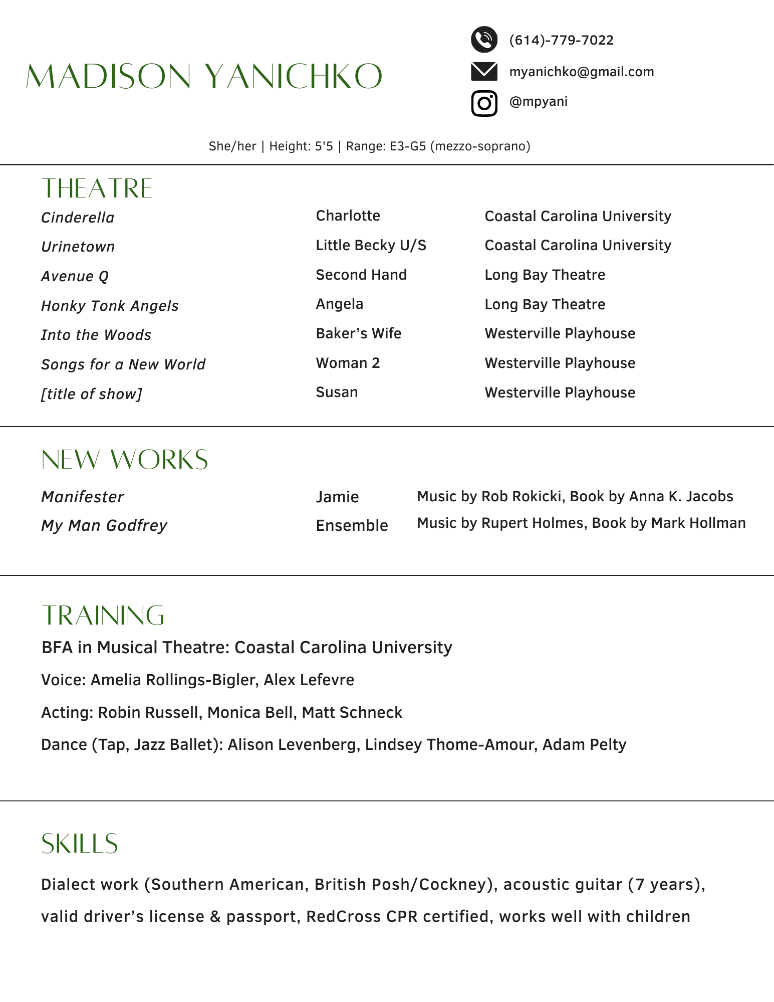 Resume of Madison Yanichko, featuring contact information, height, and vocal range, divided into sections: Theatre with a list of plays and performances, New Works with upcoming projects, Training with educational background, and Skills including dialect work and certifications.