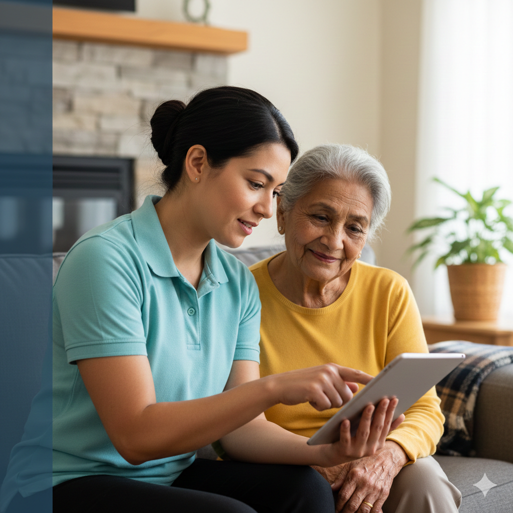 Atento caregiver providing personalized home support and companionship to a Calgary senior in a comfortable home setting.