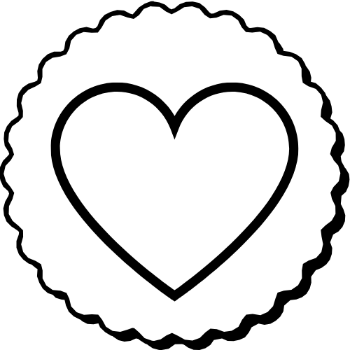 Black outline of a heart inside a scalloped circle.