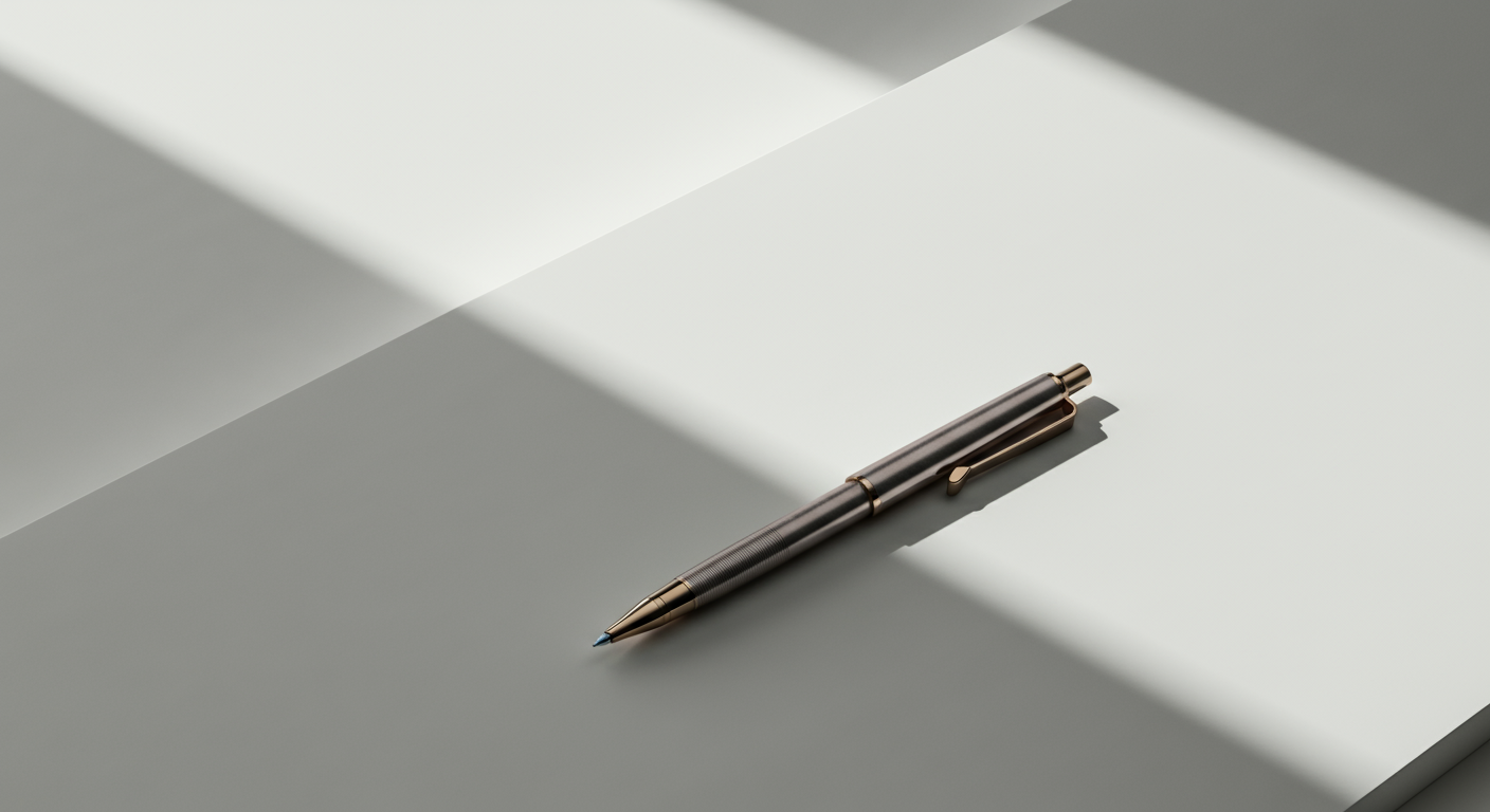 Un bolígrafo de color dorado y negro sobre una superficie blanca, con sombra proyectada y luz que entra desde la esquina superior izquierda.