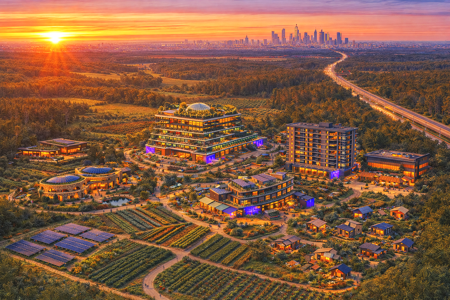 A colorful aerial view of a modern eco-friendly resort with glass-roofed buildings, solar panels, lush gardens, and a city skyline in the background during sunset.