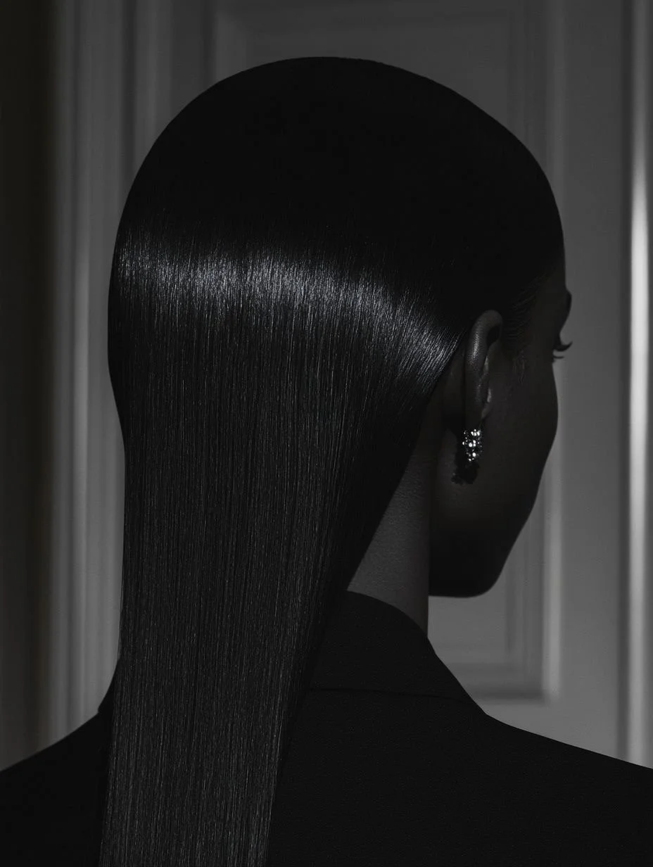 Back view of a woman with long, straight, shiny black hair, wearing earrings, in a dimly lit room.