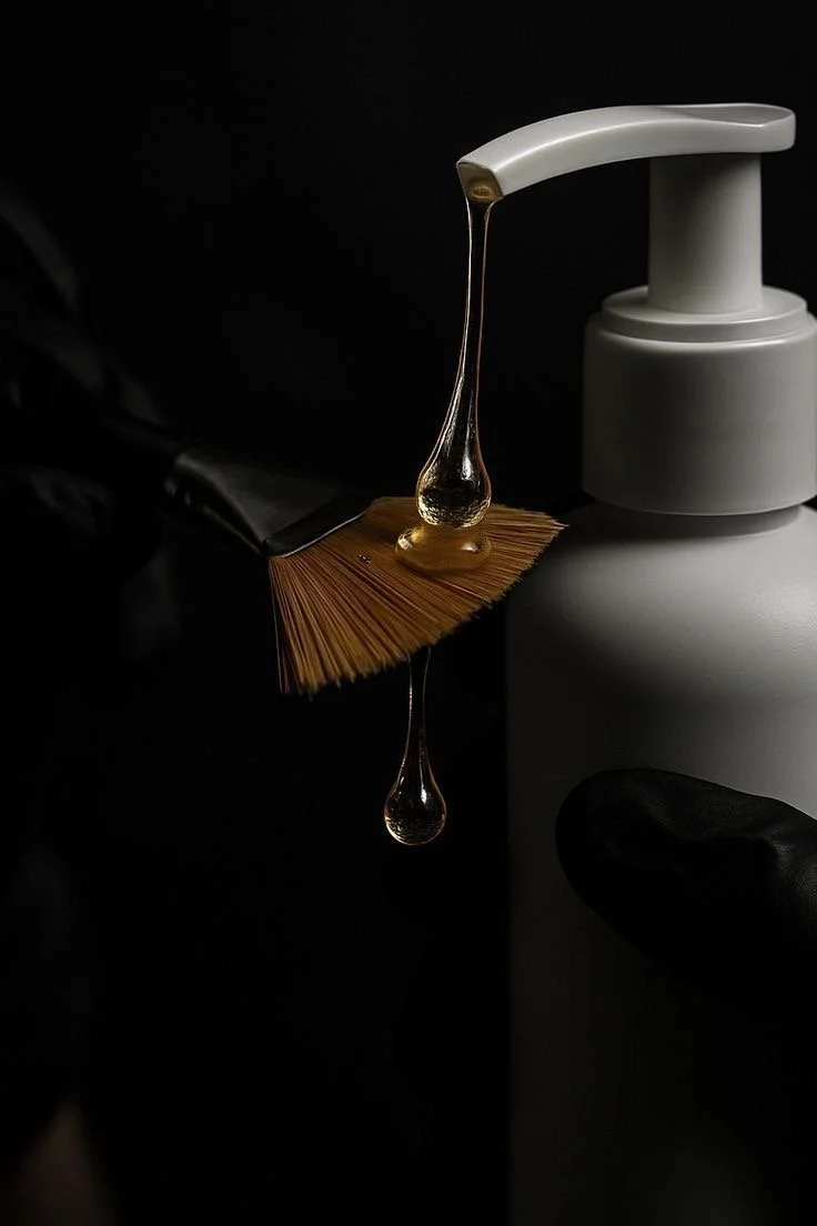 A white soap pump with honey dripping from its spout onto a wooden brush, with honey also dripping from the brush, against a dark background.