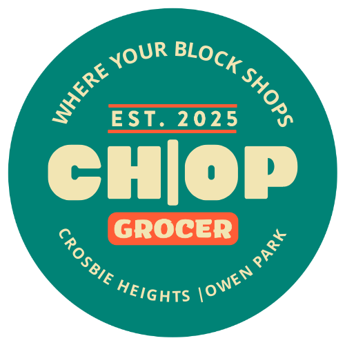 a round logo with CH|OP Grocer since 2025 in the center and circled by "where your block shops" and "between Crosbie Heights and Owen Park"