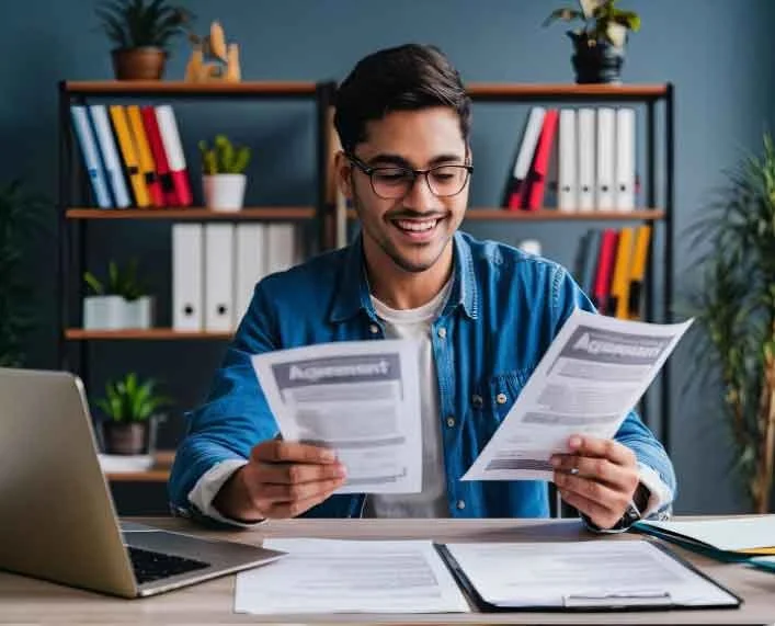 Young man smiling at desk, holding documents, with laptop and office supplies, in a modern office setting.