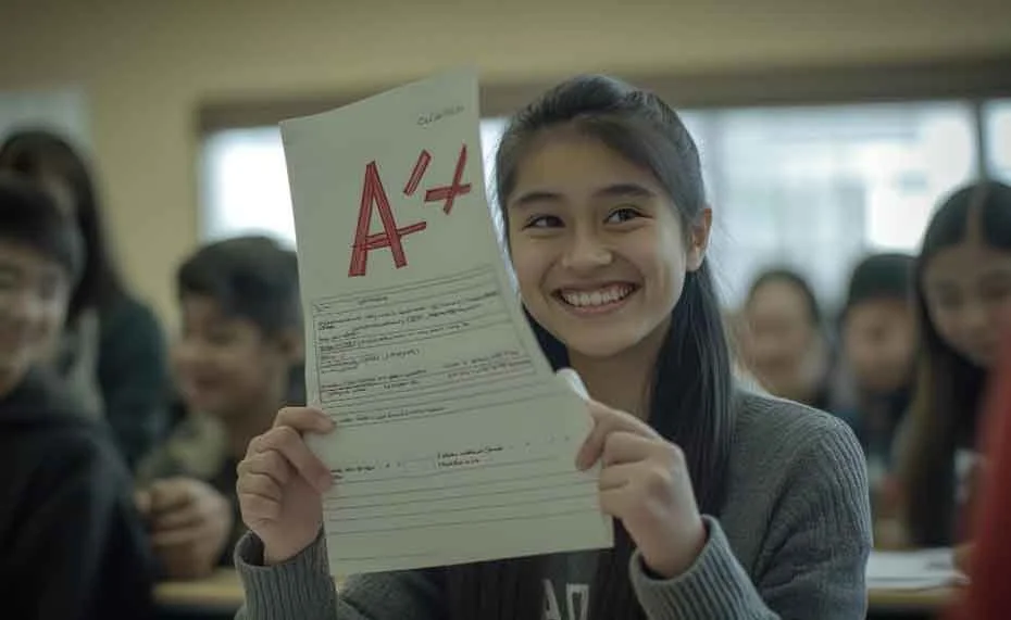 A girl holding a graded paper with an A+ grade and smiling in a classroom with other students in the background.