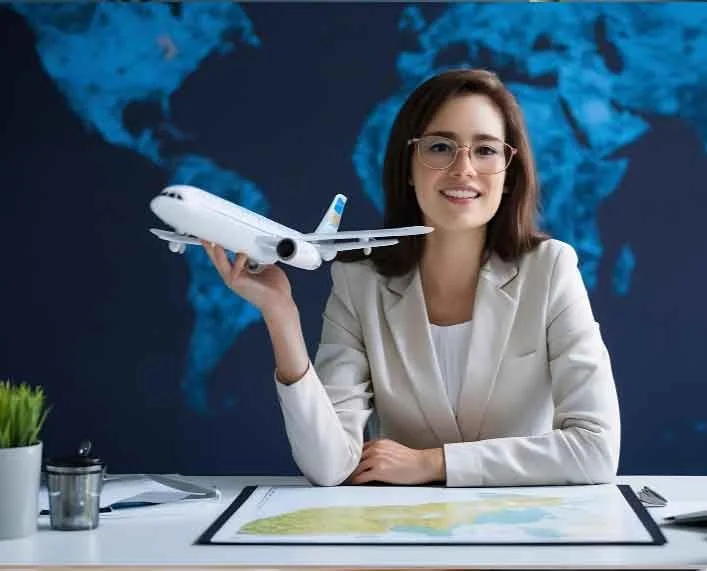 A woman with glasses and a beige blazer sitting at a desk holding a model airplane in her right hand, with a world map painting in the background.