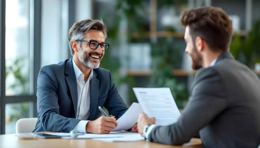 Two men in suits having a business meeting in an office, smiling and talking, with documents on the table.