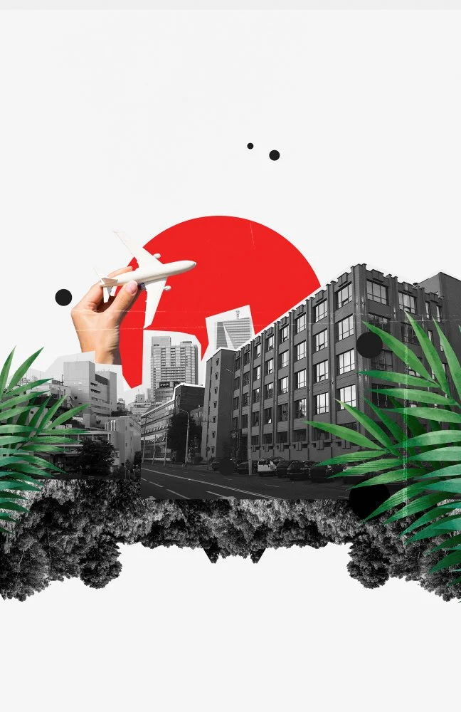 Urban cityscape with black and white buildings, green tropical leaves framing the sides, a large red circle in the background, and a hand holding a toy airplane.