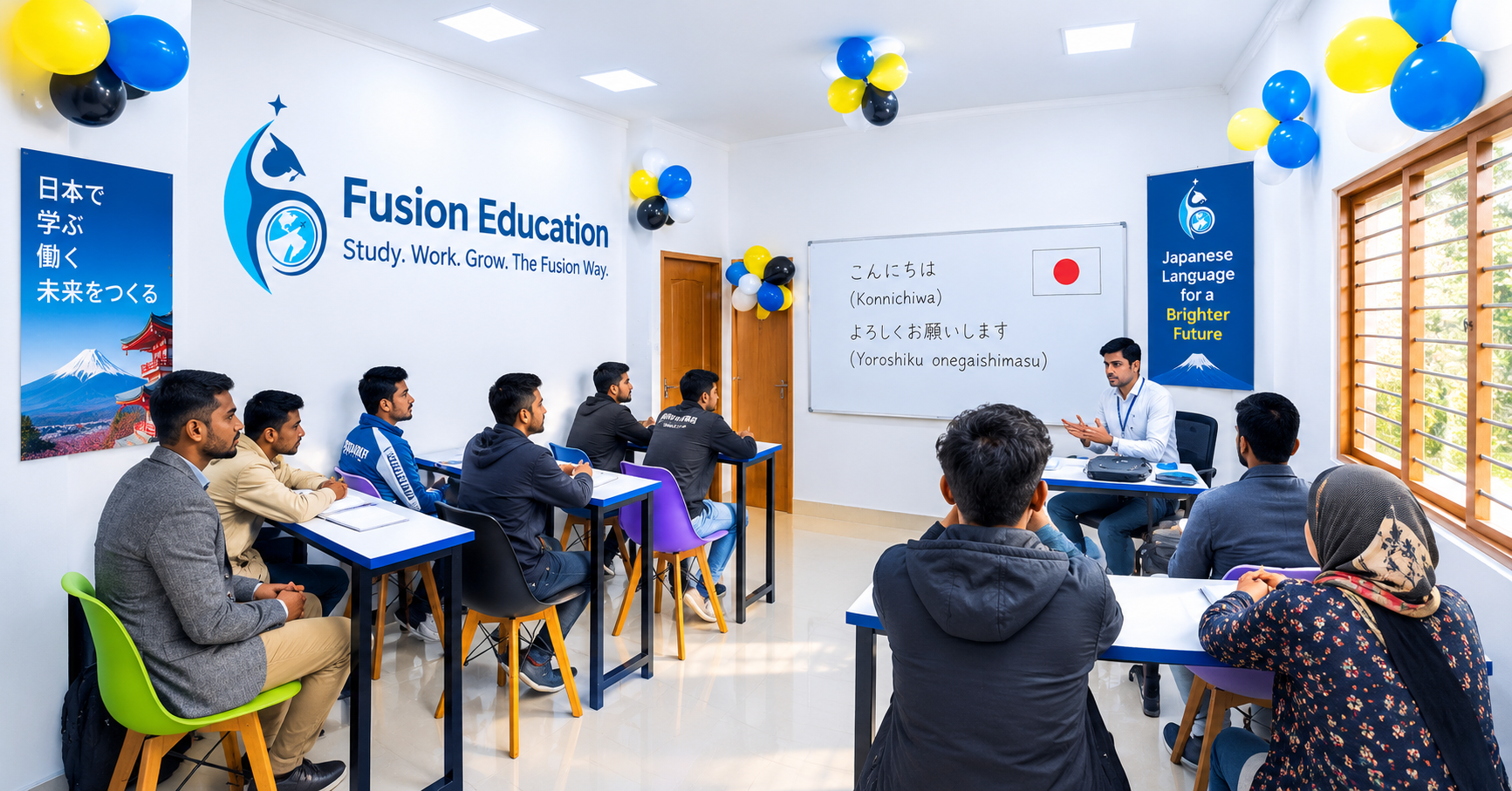 A classroom at Fusion Education with students sitting at desks, listening to a teacher. The room has Japanese-themed posters, balloons, and a whiteboard with Japanese phrases. The teacher is explaining Japanese language basics to a diverse group of students.