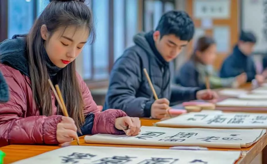 Students practicing calligraphy at a table in a classroom.