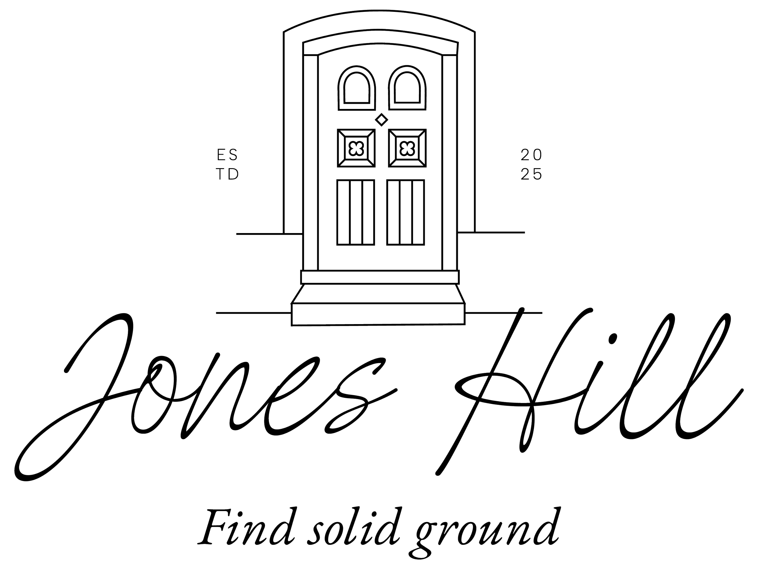 A black and white illustration of a door with decorative panels and an arched top. There are text elements around the door, including the words 'find solid ground' and other partial text.