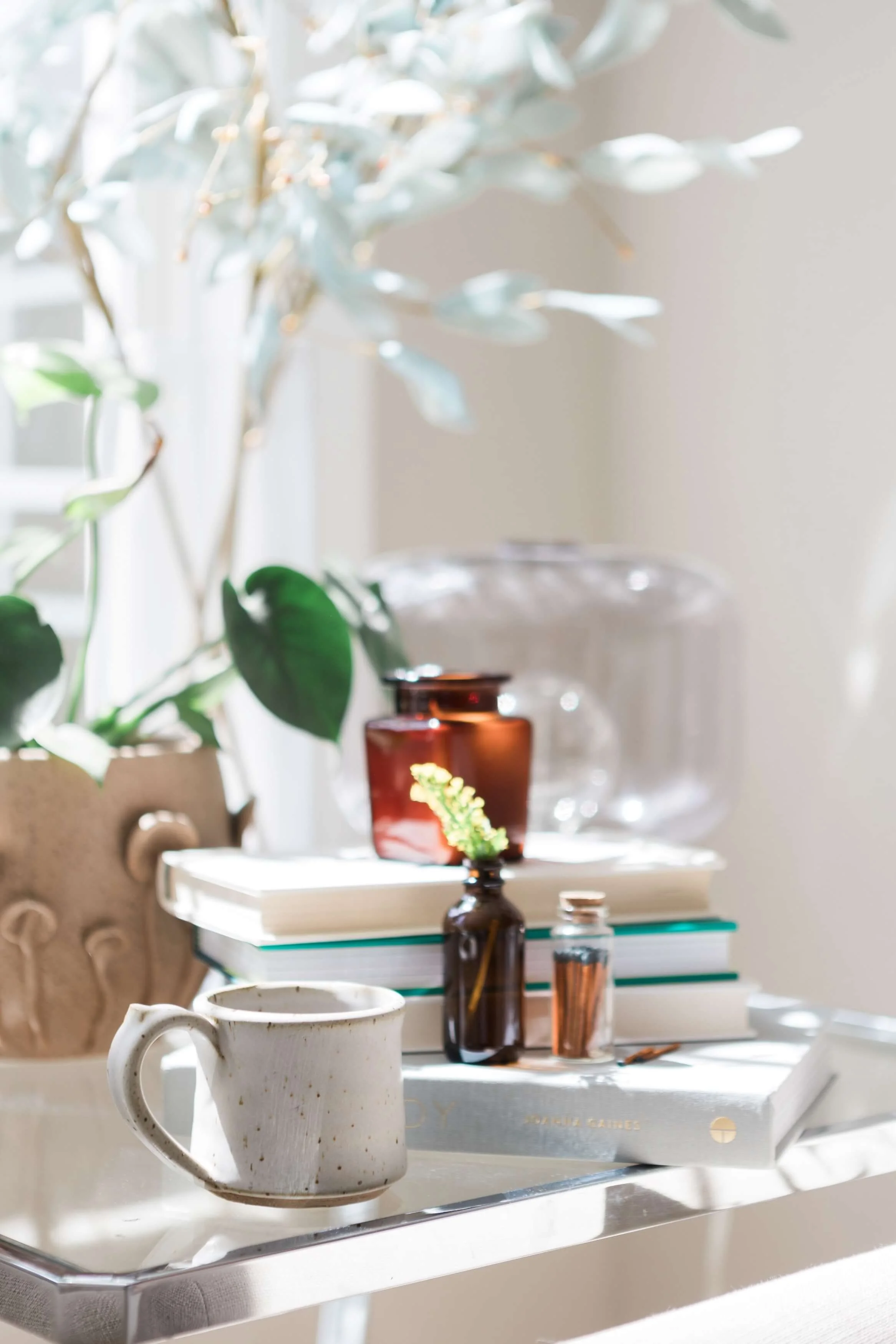 Tea and wellness items in a calming therapy office