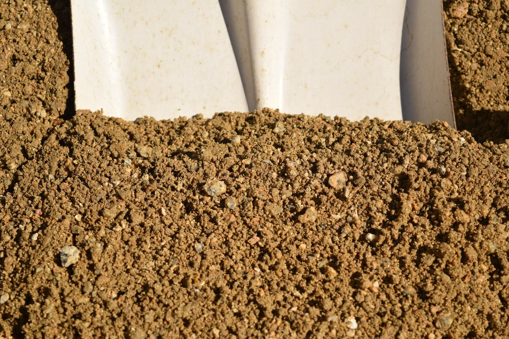 Close-up of a pile of dirt or soil with a white plastic or metal scoop or shovel partially visible behind the dirt.