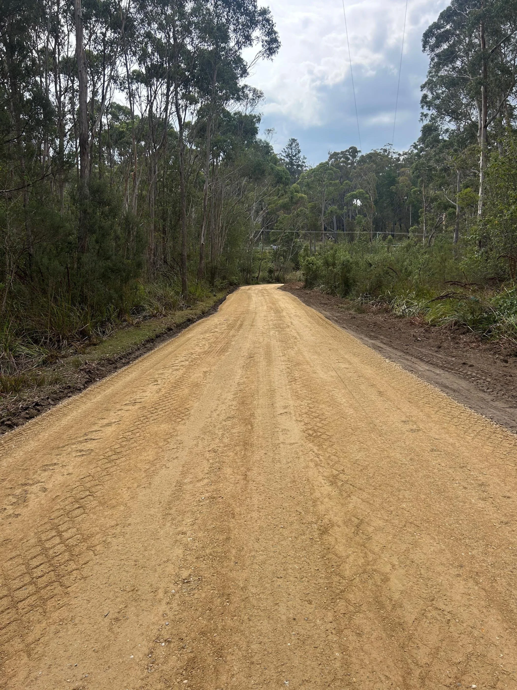 A dirt road running through a forested area with trees on both sides and power lines overhead, under a partly cloudy sky.