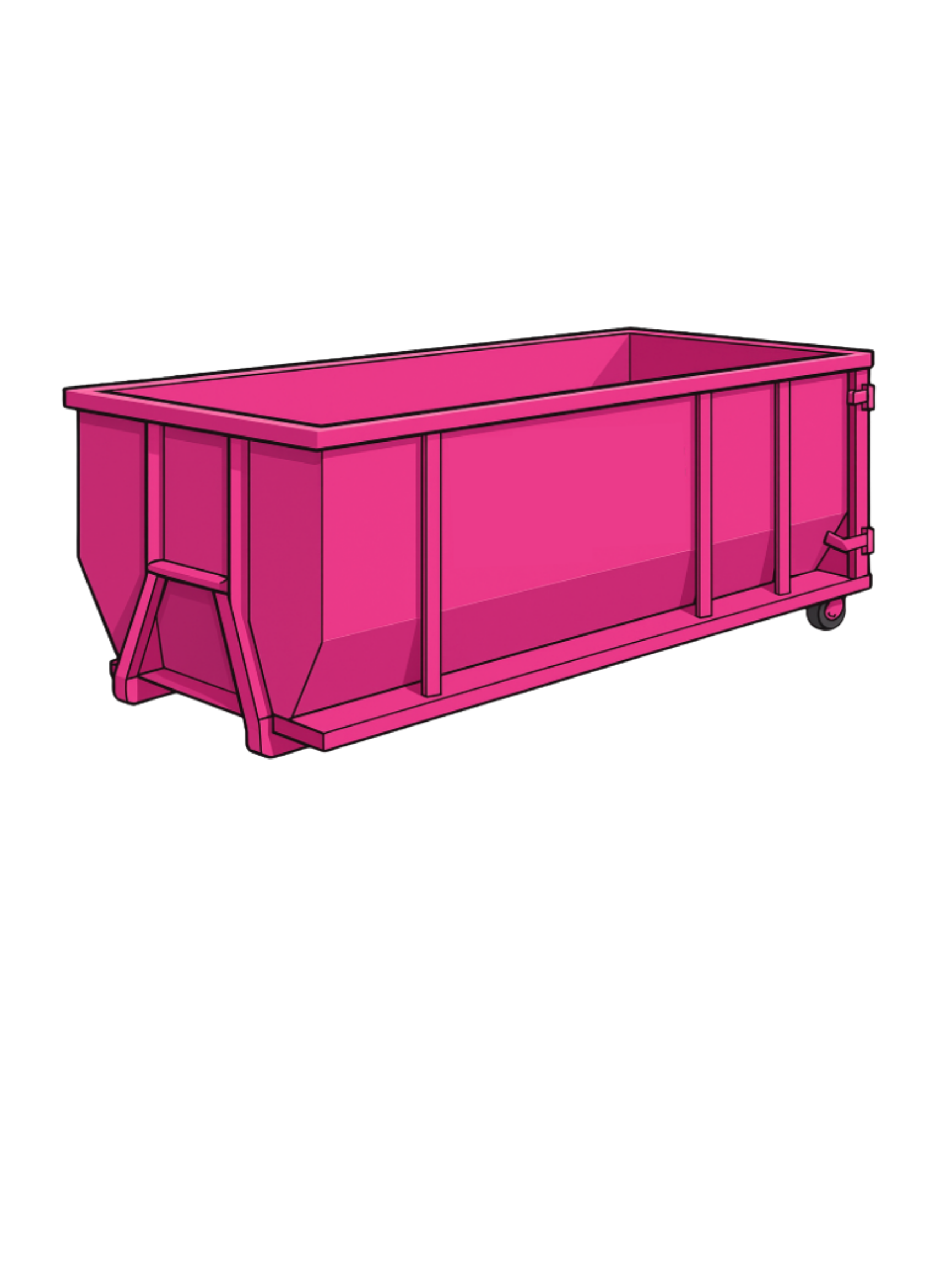 Pink rectangular metal dumpster with wheels and support frame.