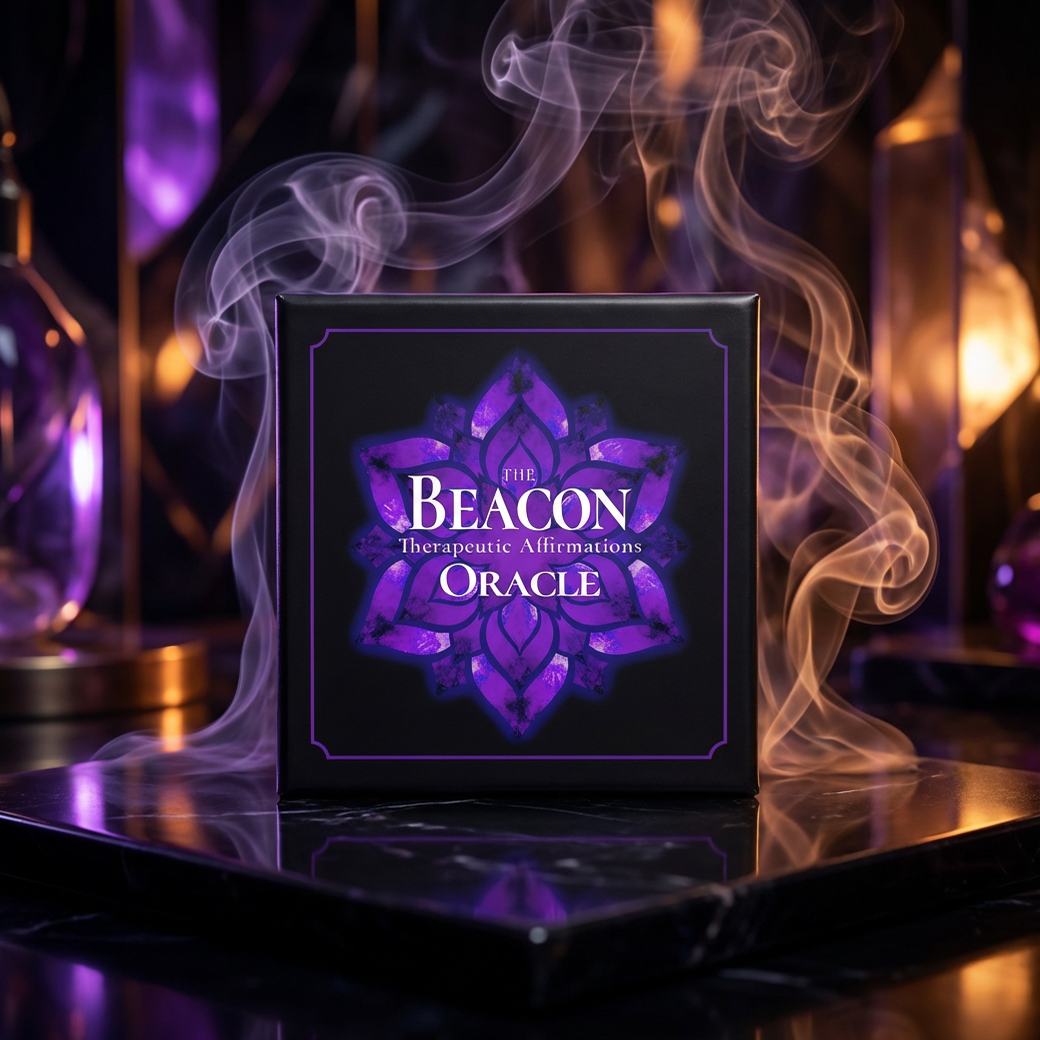 Beacon Oracle Deck box front on obsidian slab with smoke, candles, and crystals in moody purple and orange light