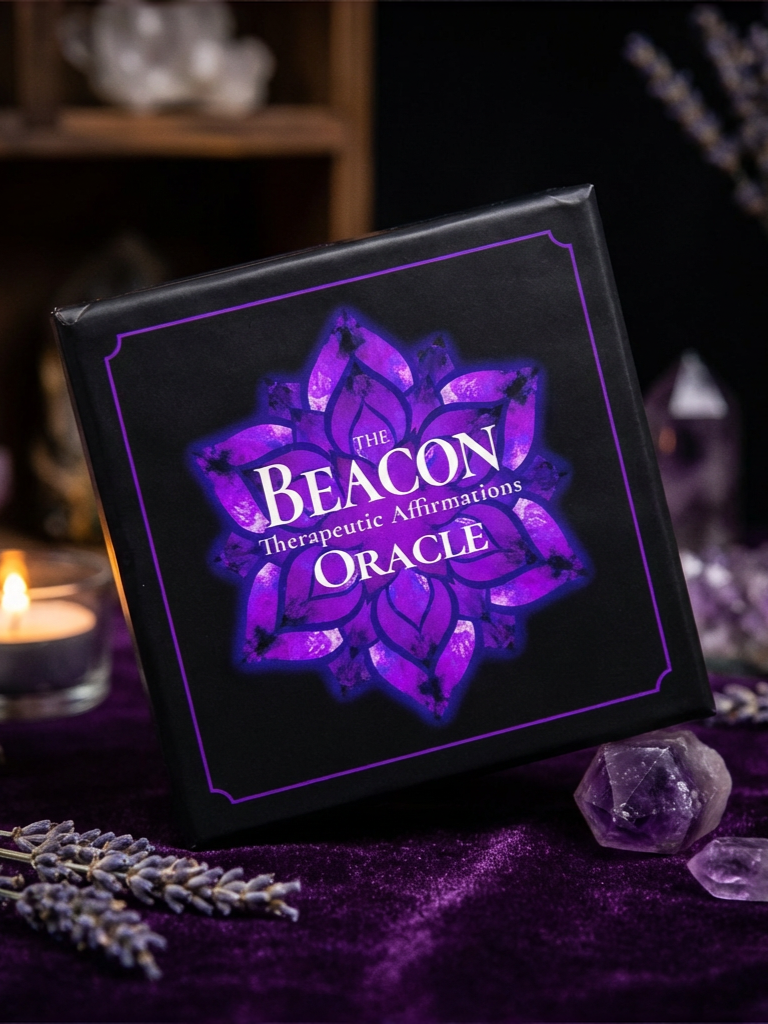 The Beacon Oracle Deck box styled on an altar with crystals, lavender sprigs, and a candle