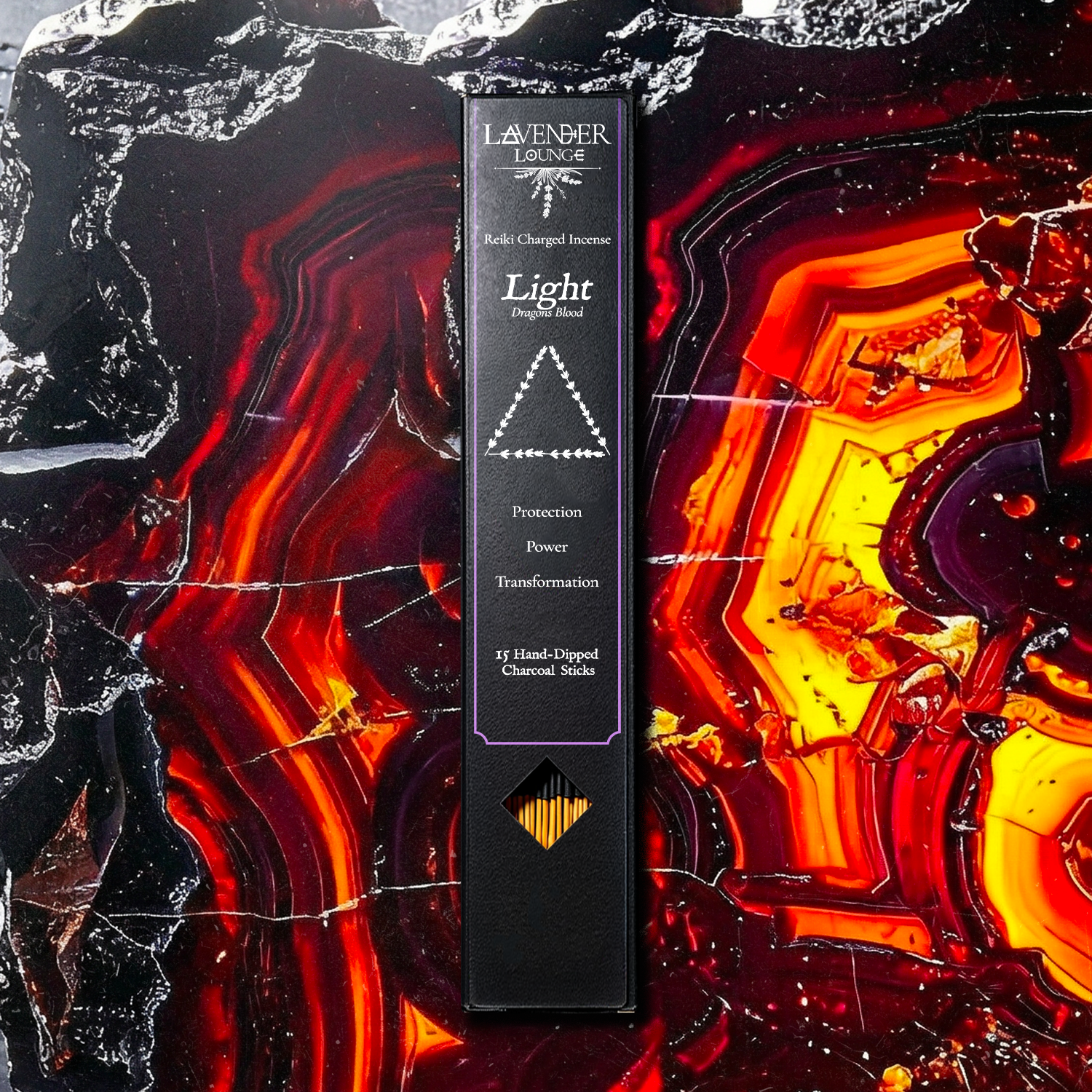 Sanctuary Incense (Light — Dragon’s Blood) box flat lay on amber resin slab with deep orange glow