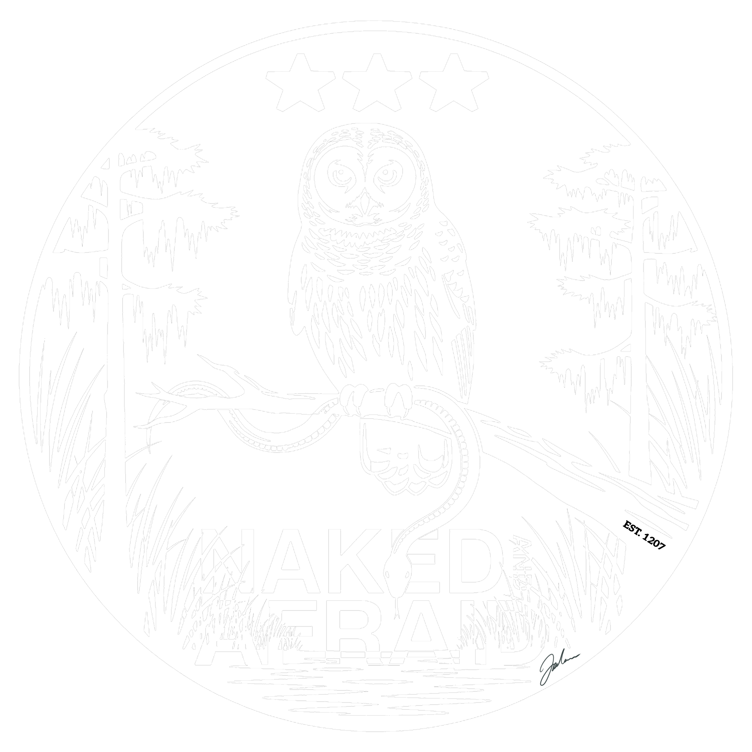 ‘Naked and Afraid’ owl sticker design used in the Lavender Lounge sticker ritual section on the About page