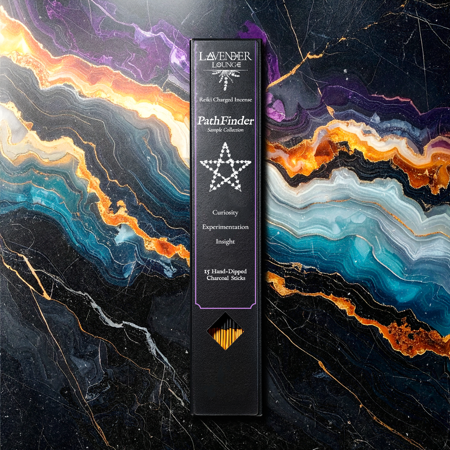 Pathfinder Sampler box — Sanctuary Ritual Incense sample set of five elemental scents on multicolor marble backdrop