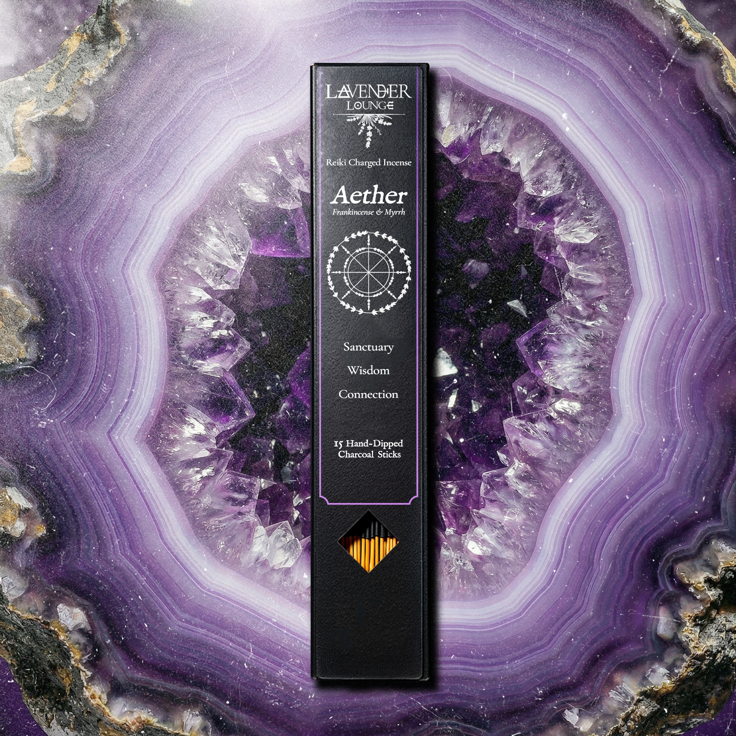 Sanctuary Incense (Aether — Frankincense & Myrrh) box flat lay on amethyst geode