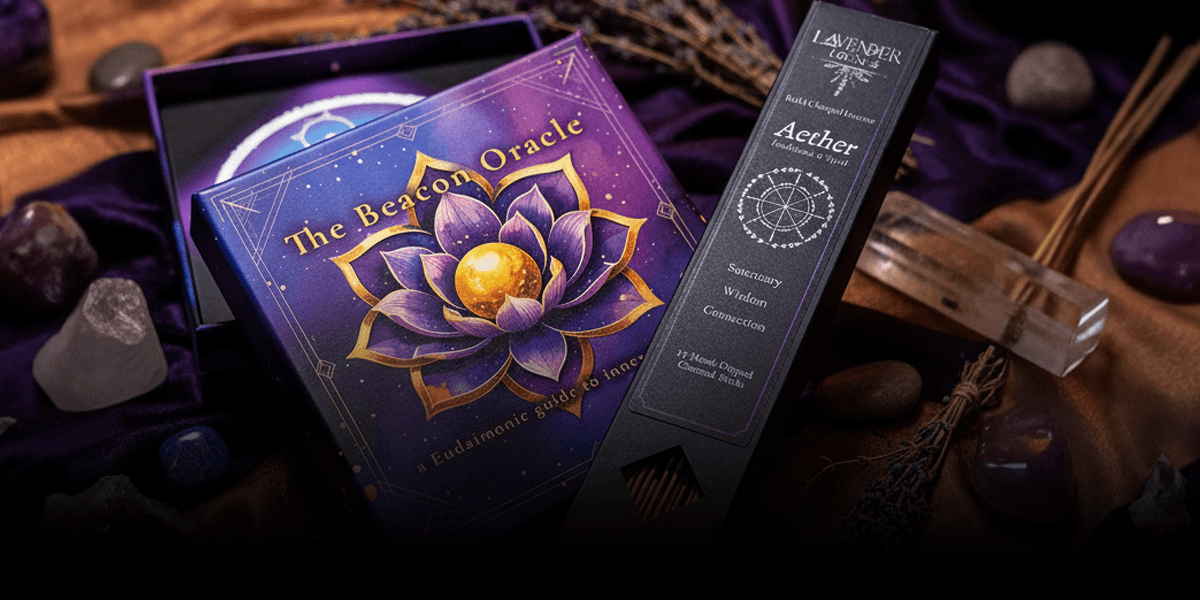 A purple box labeled 'The Beacon Oracle' with a lotus flower design, surrounded by crystals, stones, and incense on purple fabric.