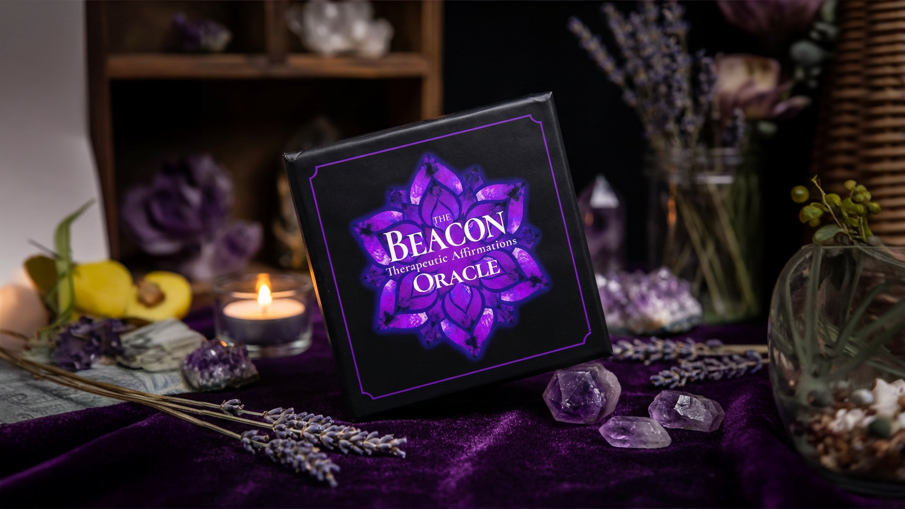Beacon Oracle Deck box front (Therapeutic Affirmations Oracle) styled on an altar with lavender sprigs and candles