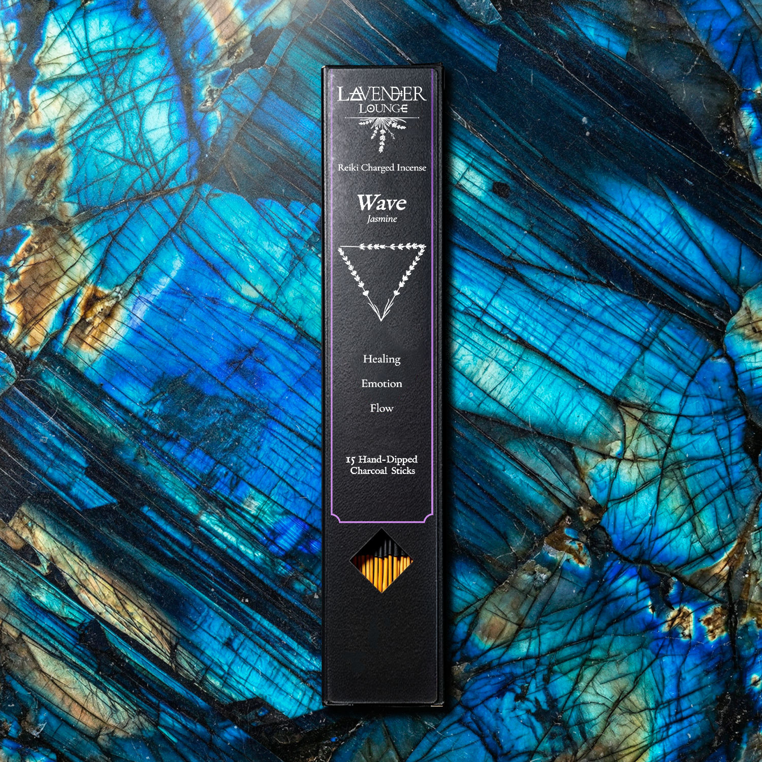 Wave incense box (jasmine) flat lay on labradorite texture stone slab, Lavender Lounge