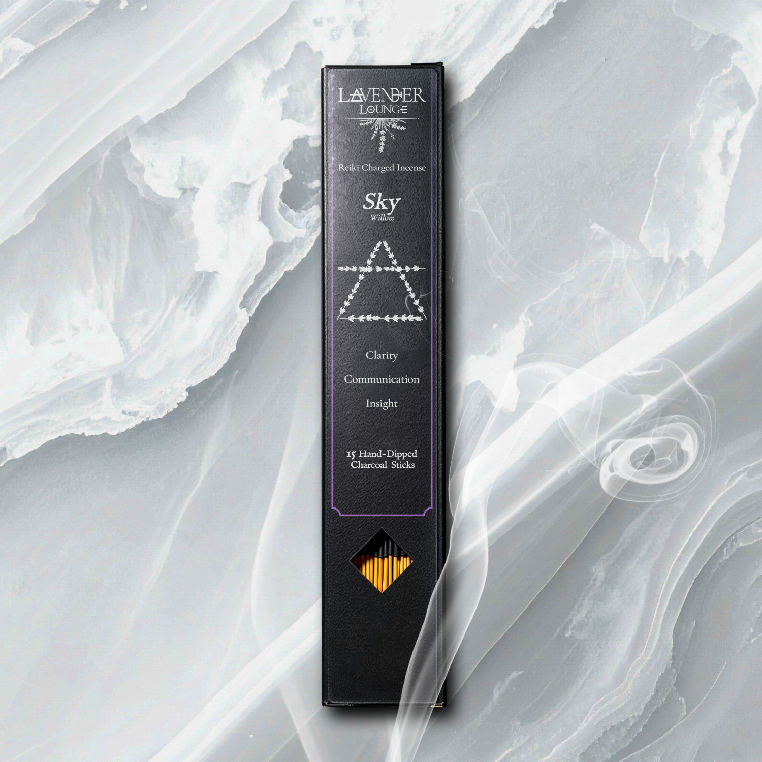 Sanctuary Incense (Sky — Willow Bark) box flat lay on white opalescent marble slab