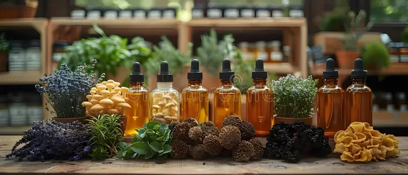 A display of seven glass bottles with dropper caps arranged in a row, surrounded by various plants and dried herbs on a wooden table in a plant shop.