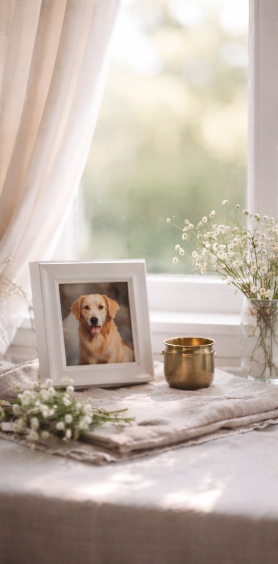 A framed photograph of a smiling golden retriever puppy, placed on a table with white flowers and candles, near a window with cream curtains and blurred greenery outside.
