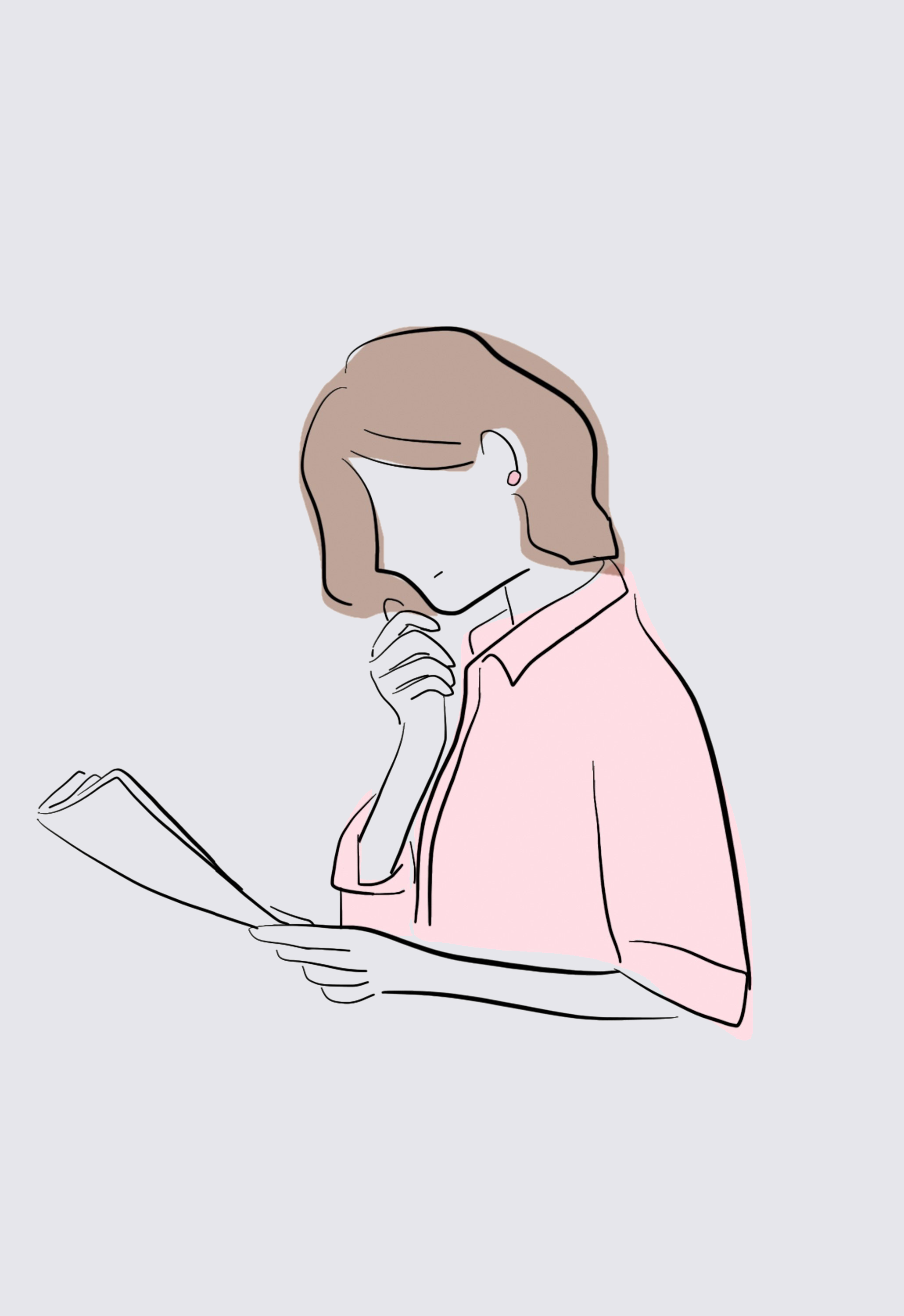 Minimalist illustration of a woman reading a book or document, with her hand on her chin, dressed in a pink top, with brown hair and a small earring.