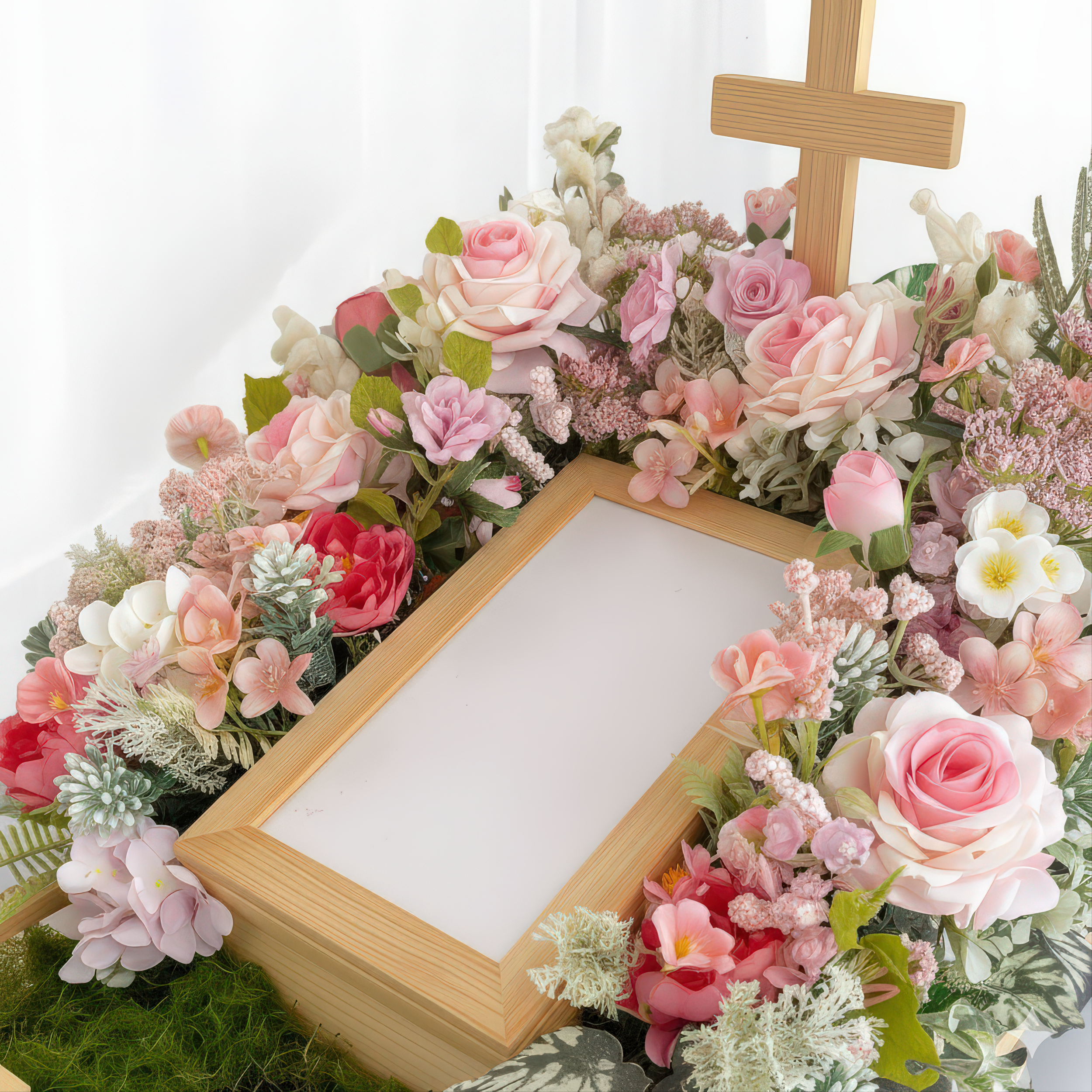 A wooden picture frame surrounded by pink, white, and red flowers and greenery, with a wooden cross positioned behind the flowers.