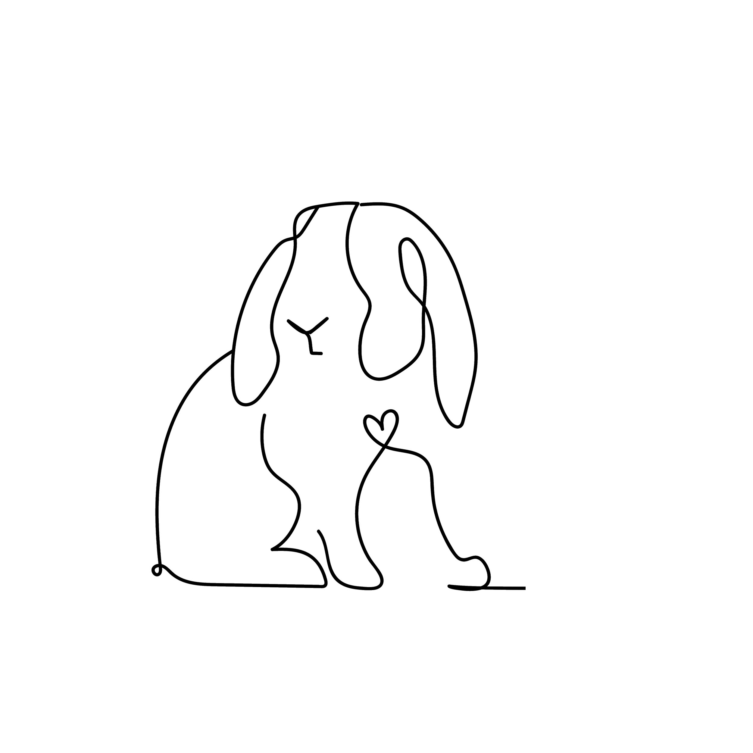 Line drawing of a sitting dog with long ears and a small heart on its chest.