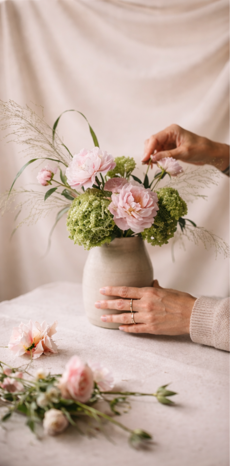 A person arranging pink and green flowers in a beige ceramic vase on a soft surface with additional flowers and greenery nearby.