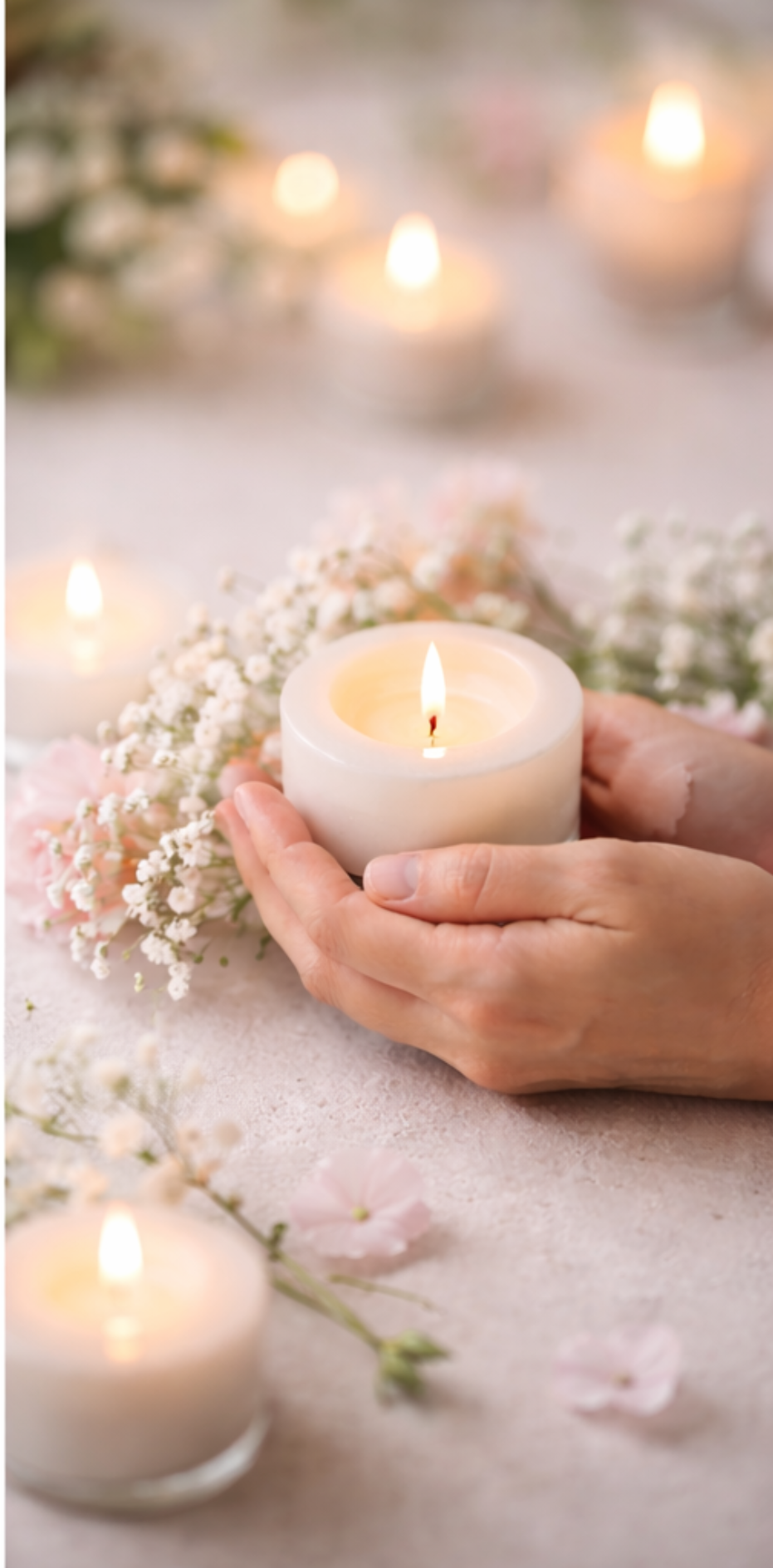 A person's hands holding a lit white candle surrounded by pink and white flowers, with more candles and flowers in the blurred background.