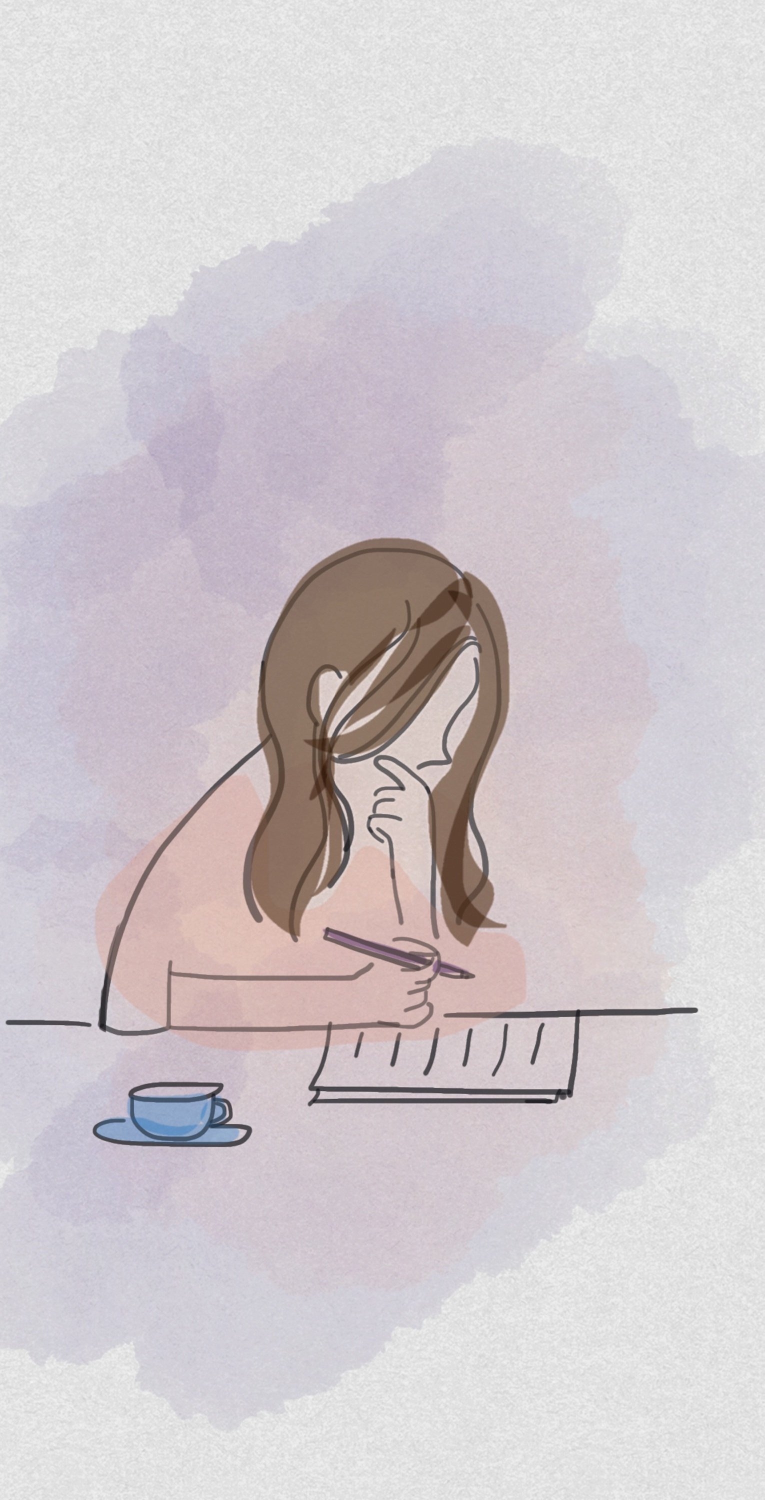 A digital illustration of a woman with long hair, sitting at a table, holding a pen and writing in a notebook. There is a blue cup and saucer on the table. The background features soft watercolor-like clouds.