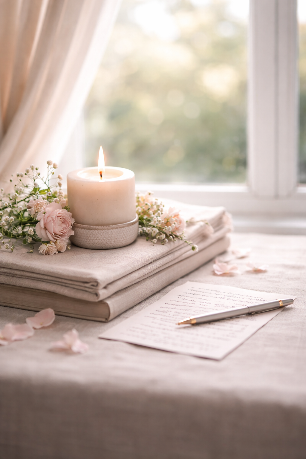 A lit white candle on a flower arrangement with pink roses and baby's breath on a beige table, with a stack of books, a handwritten letter, and a silver pen nearby. The background shows a window with soft natural light.
