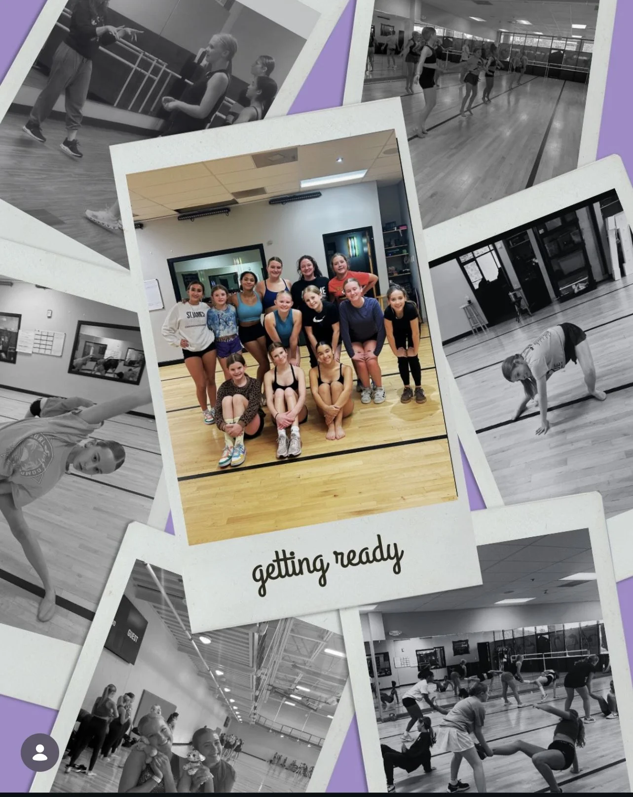 Group of young women in dance class, some in dance attire, others in casual clothes, posing together in a gym. Several black and white photos of dance practice and instructors, with dancers stretching and performing warm-up exercises, overlaid with a