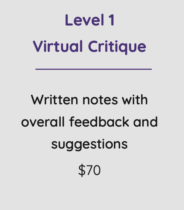 Text on a gray background that reads, "Level 1 Virtual Critique. Written notes with overall feedback and suggestions, $70."