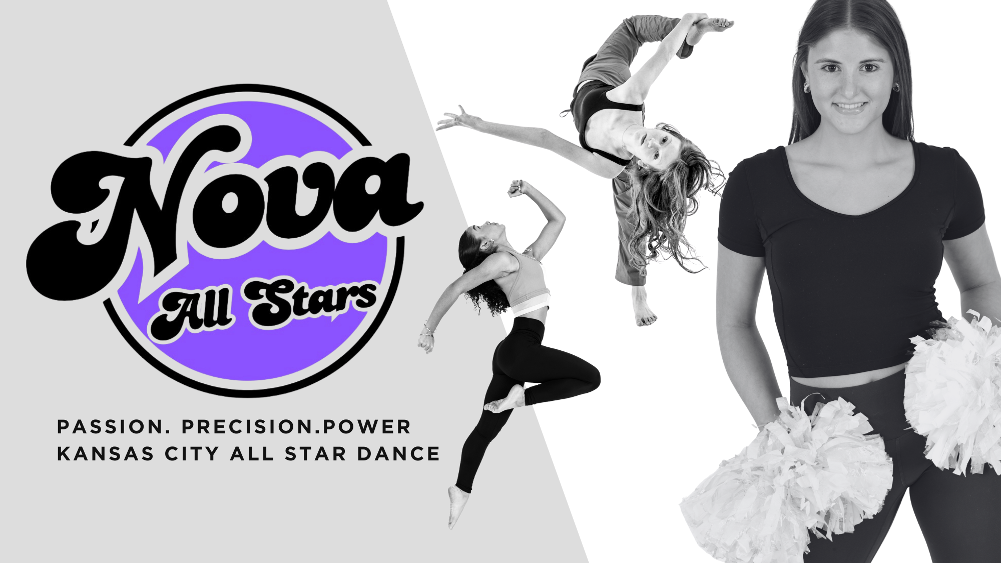 Logo of Nova All Stars dance team with three dancers performing and smiling in black and white, with a purple and black circular background, and text that reads "PASSION. PRECISION. POWER KANSAS CITY ALL STAR DANCE"