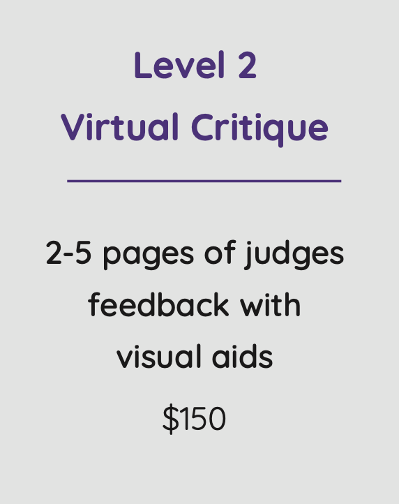 Information about Level 2 Virtual Critique, which includes 2-5 pages of judges' feedback with visual aids, priced at $150.