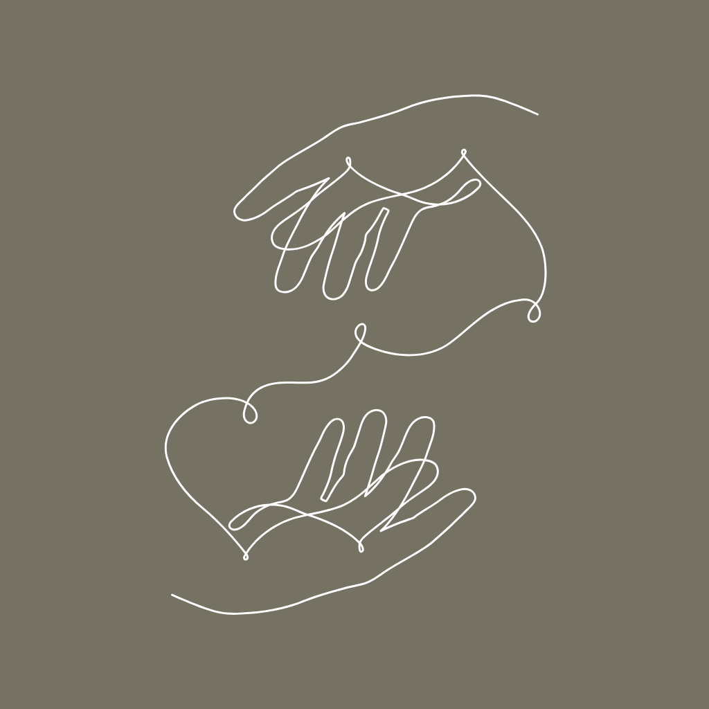 Line art drawing of two hands reaching out to each other, connected by a single continuous line, on a gray background, representing The Blueprint Session immersion offering of Liz Andolong.