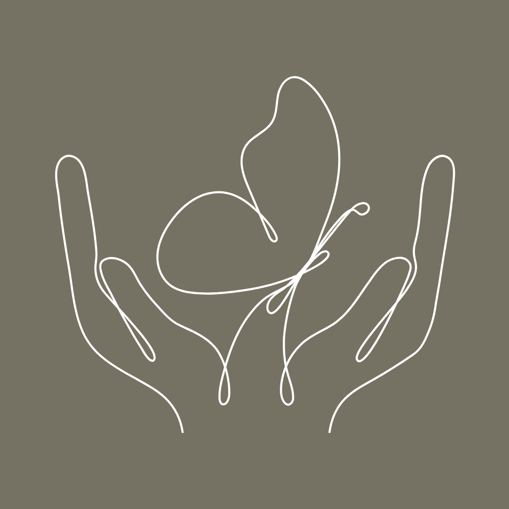 Line drawing of two hands gently holding a butterfly on a plain background, representing the philosophy of practitioner: rest as reclamation.